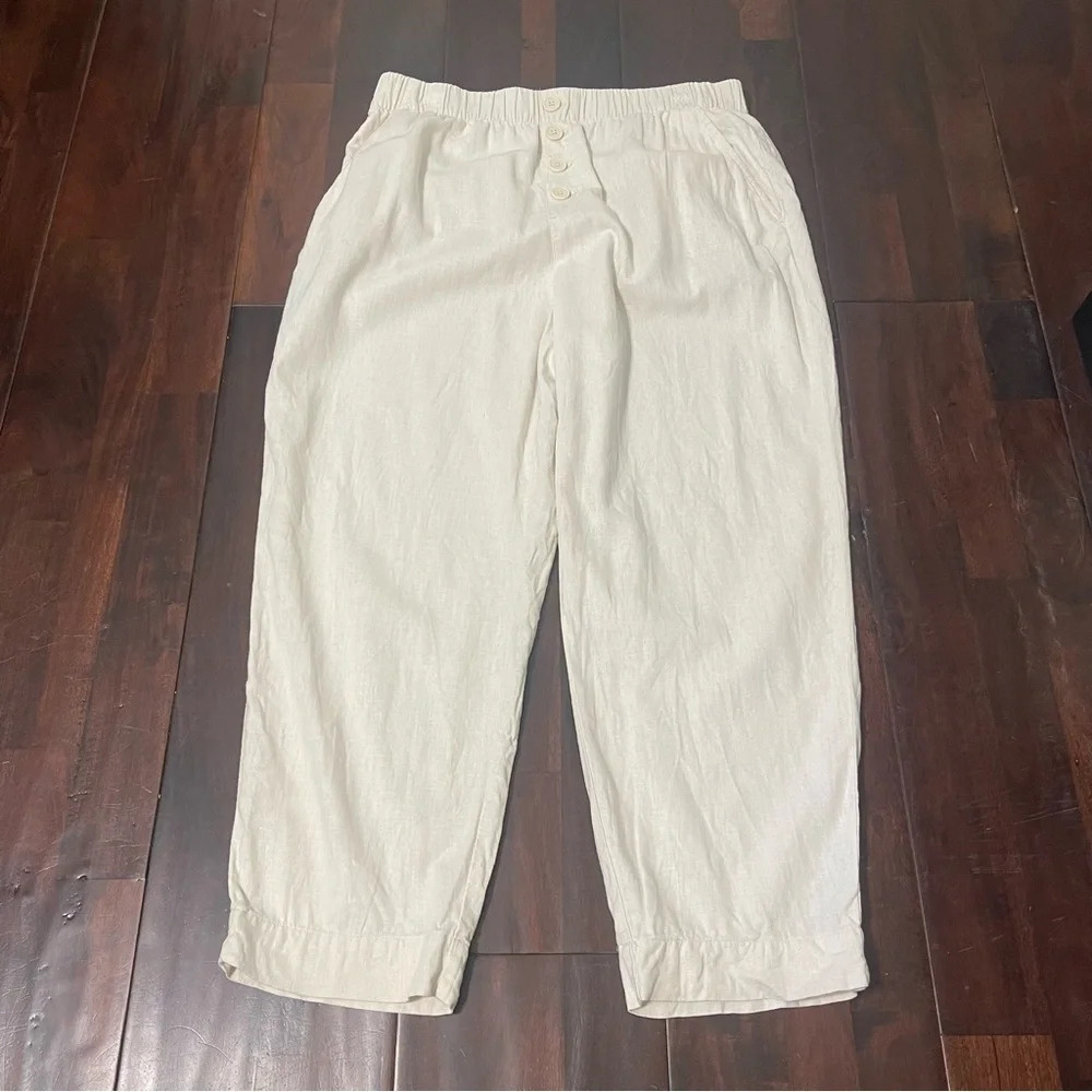 Loft High Rise Straight Pull On Pants Women’s Large Linen Blend Cream